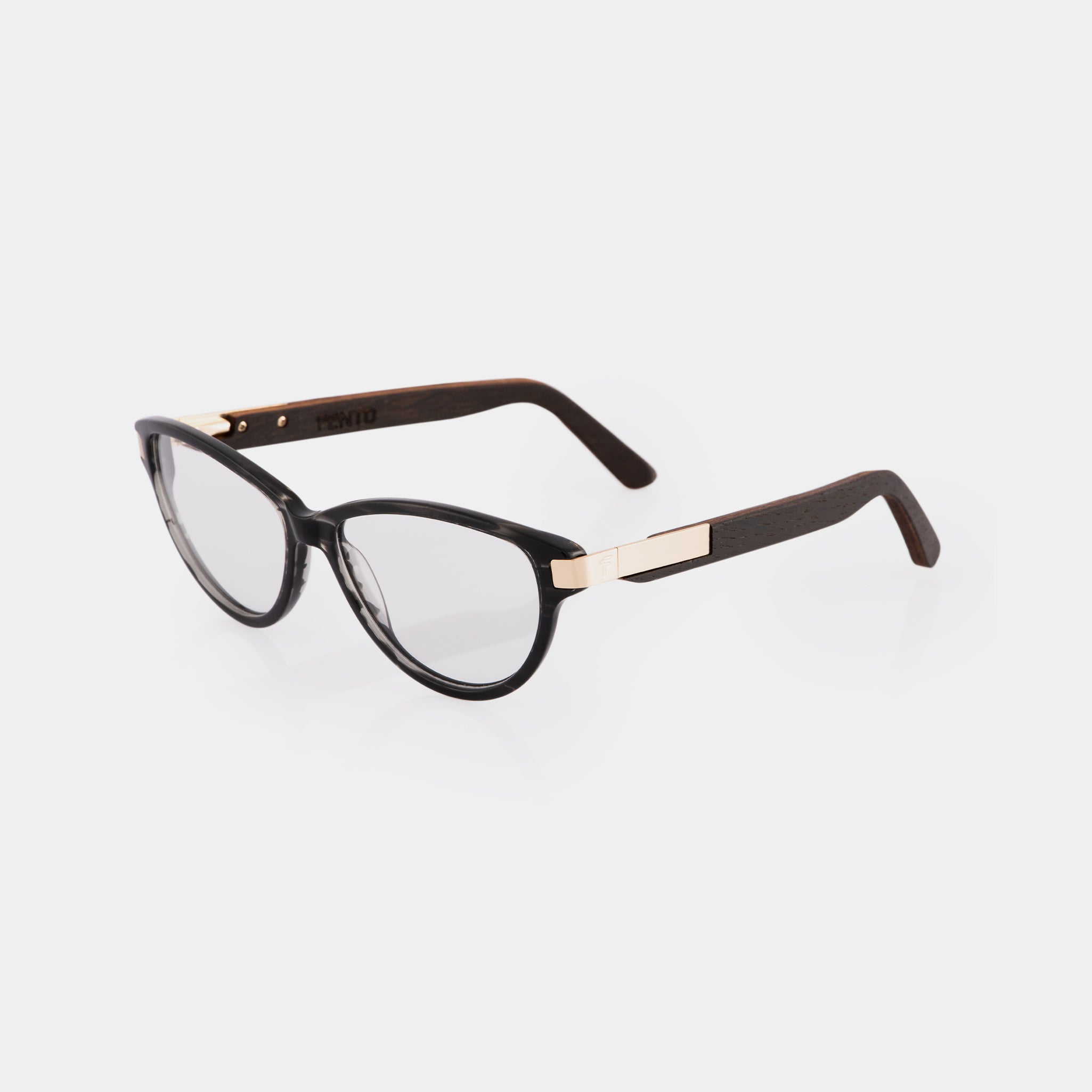 Marco de gafas FENTO: Acetato negro y brazos de madera. Diseñadas en Medellín. Envíos en Colombia.