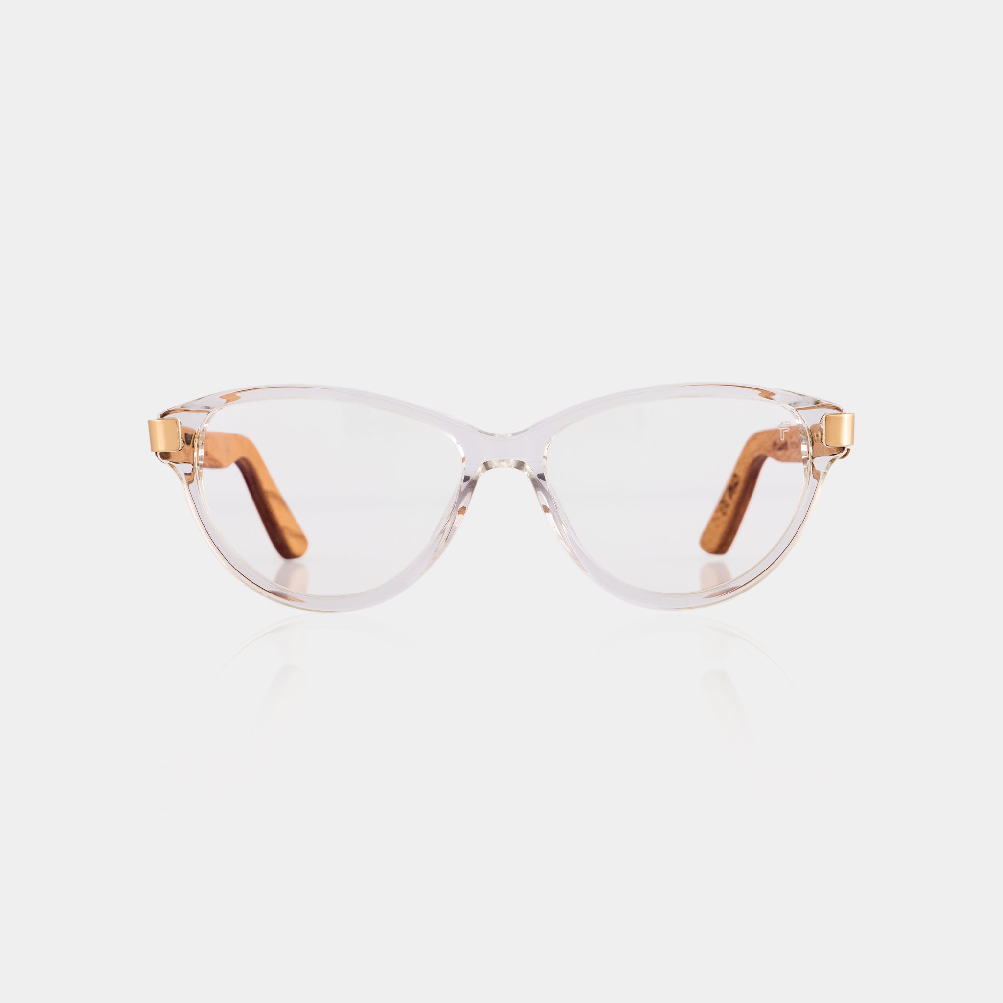 Marco de gafas FENTO: Acetato transparente y brazos de madera. Diseñadas en Medellín. Envíos en Colombia.