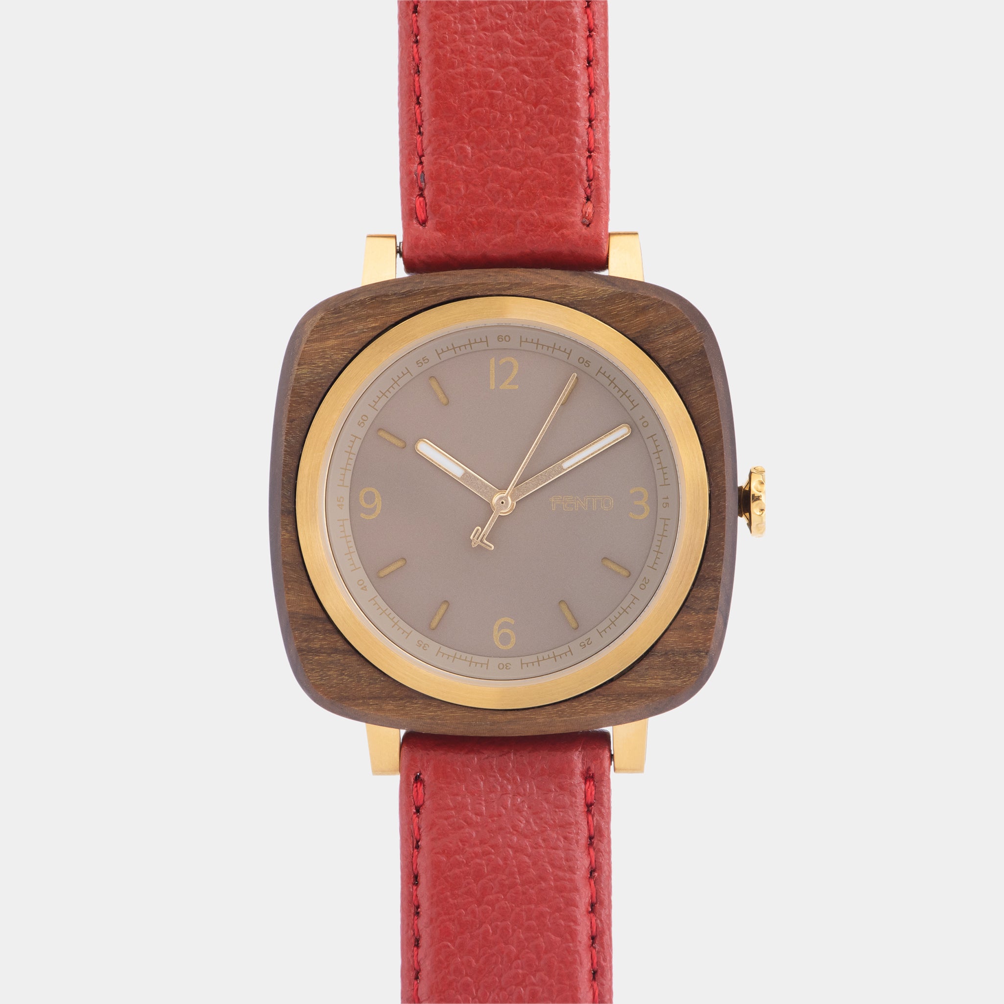 Reloj elegante para mujer Foster con carcasa de madera café y correa de cuero rojo.